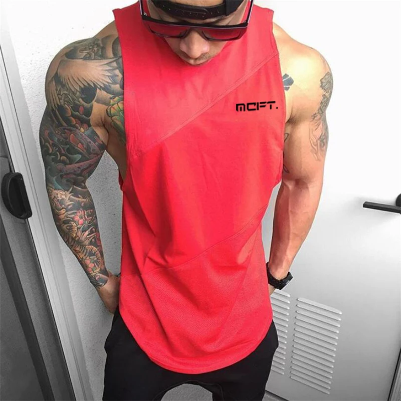 Men Sleeveless Running Vests Cotton Mesh Breathable Splicing Gym Workout Tank Top Fitness Training Sports Singlet Summer Muscle