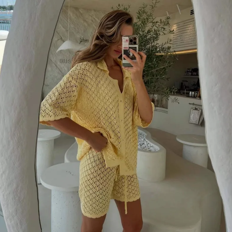 

Knit Printed 2 Piece-Set Shorts Women's Cover up Beach Holiday Loose See-Through Clothes Summer Knitwear Female Outfits