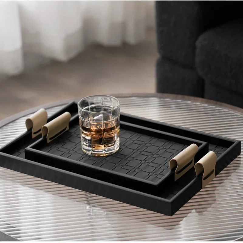 Woven Pattern Black Leather Tray Beige Storage Tray Advanced Aromatherapy Storage Trays Home Living Room Coffee Table Decoration