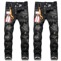 Chareiharper DSQ Men's Jeans Straight Fit Elastic Cotton Black Paint Wash Water Tear Tear Process Italian Design Jeans 1062 Men