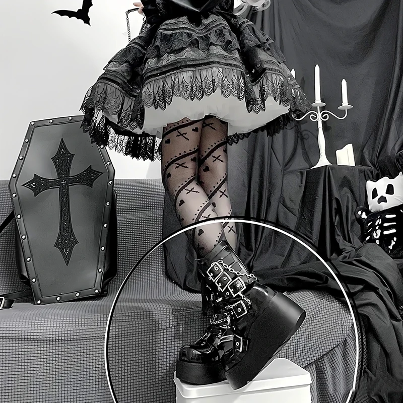Japanese sweet cool girl pantyhose jk black socks women's spring summer love striped printed stockings black silk lolita