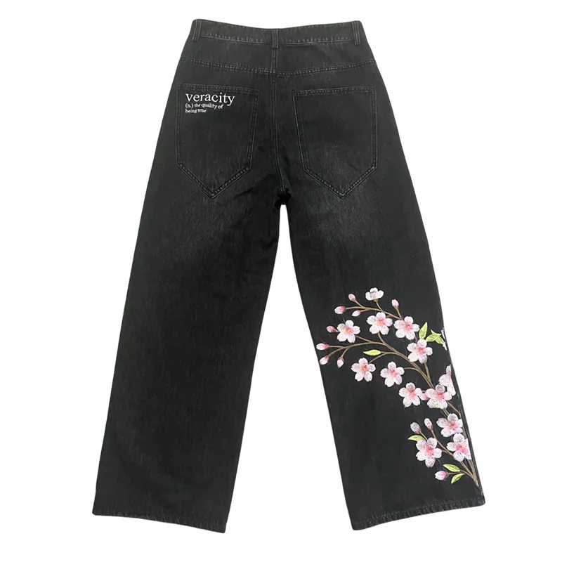 Y2K ウォッシュ加工ダメージジーンズヴィンテージ桜柄刺繍ハイウエストワイドレッグジーンズ男性女性ファッションストリート