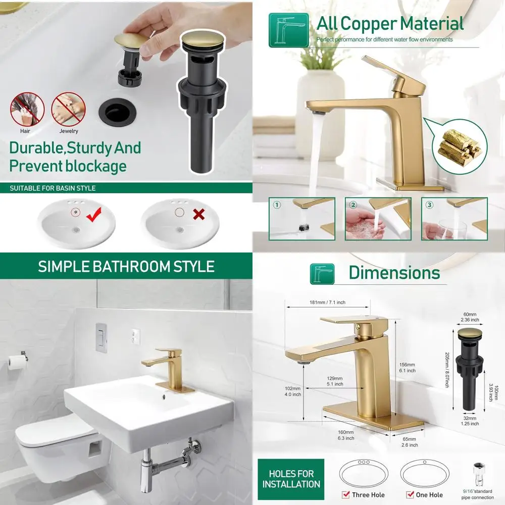 

Single Handle Brushed Gold Bathroom Sink Faucet with Pop-Up Drain for 1 or 3 Hole Installation