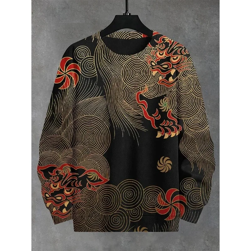 

3D Print Vintage Wave Stripe Pattern Men's Sweatshirt Autumn Outdoor Long Sleeve O-Neck Tops Mountain Moon Graphic Loose Clothes