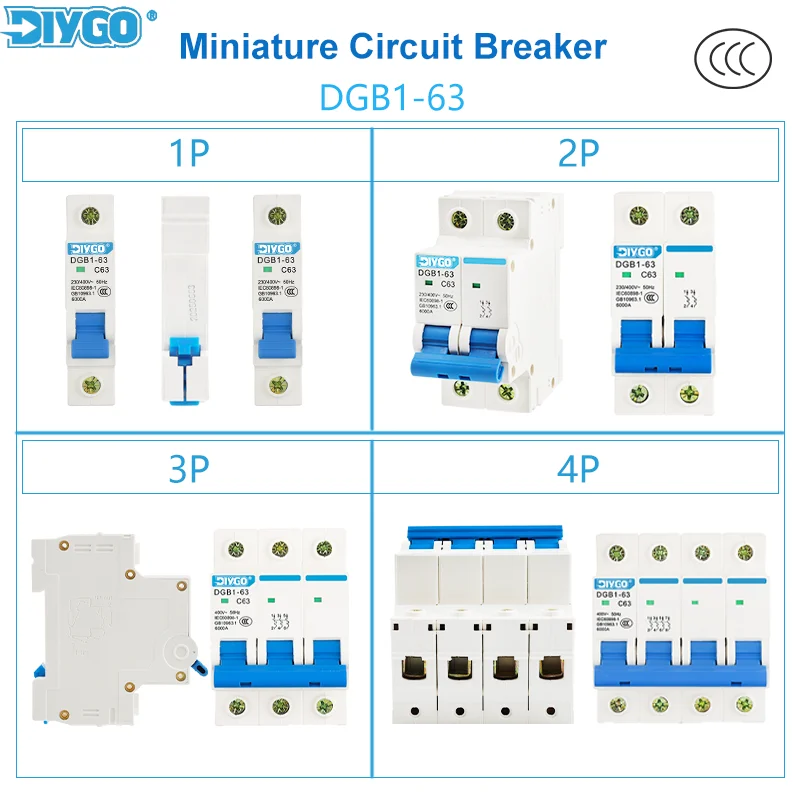 

DGB1-63 MCB 1/2/3/4P AC Miniature Circuit Breaker 6-63A C Type DIN Rail Overload Protection Switch With Power Indicator Light