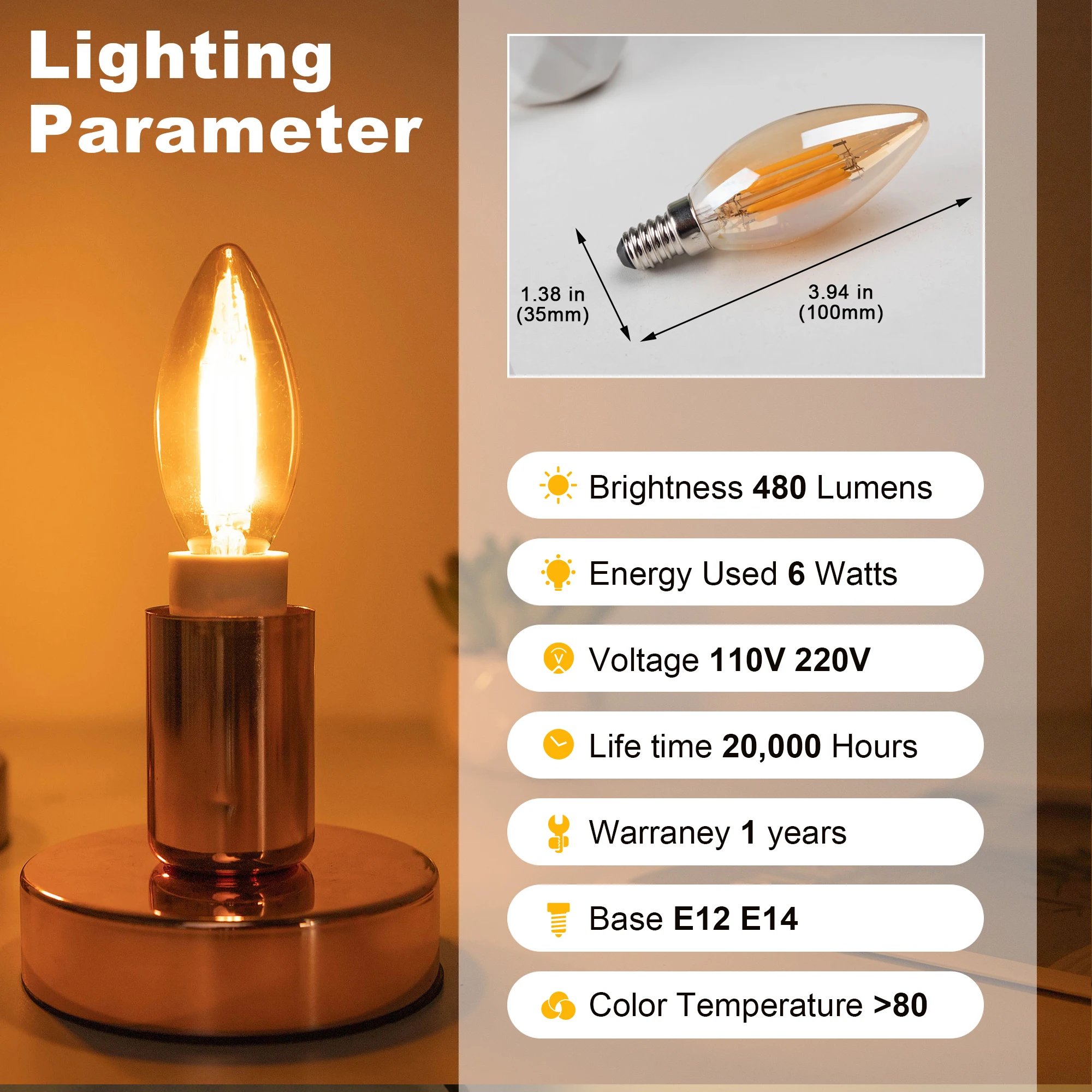 6PCS E12 E14 Candelabra Base C35 Led Filament Candle Bulb Vintage Gold Tint Glass Dimmable Edison Bulb For Celing Fan Chandelier image 2
