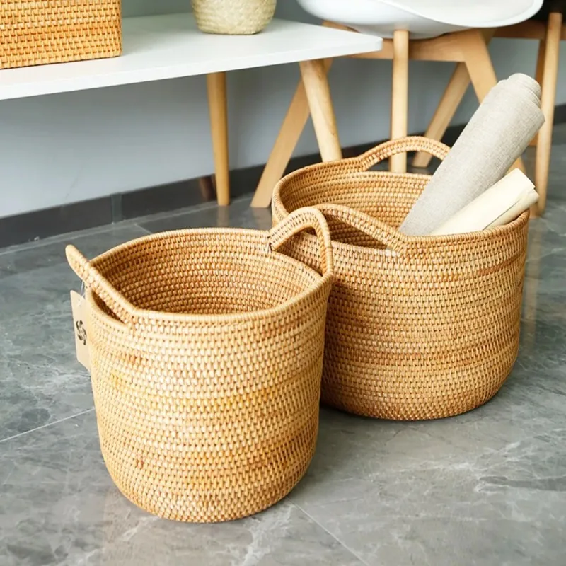 1pcs Unique Large Portable Rattan Basket Strong Hand-woven Natural Rattan Storage Laundry Baskets