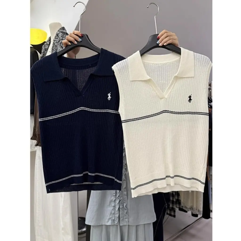 

Women's Polo Collar Sleeveless Vest Summer Ice Silk Knitwear Korean Style Slim Fit Top with Embroidered Design