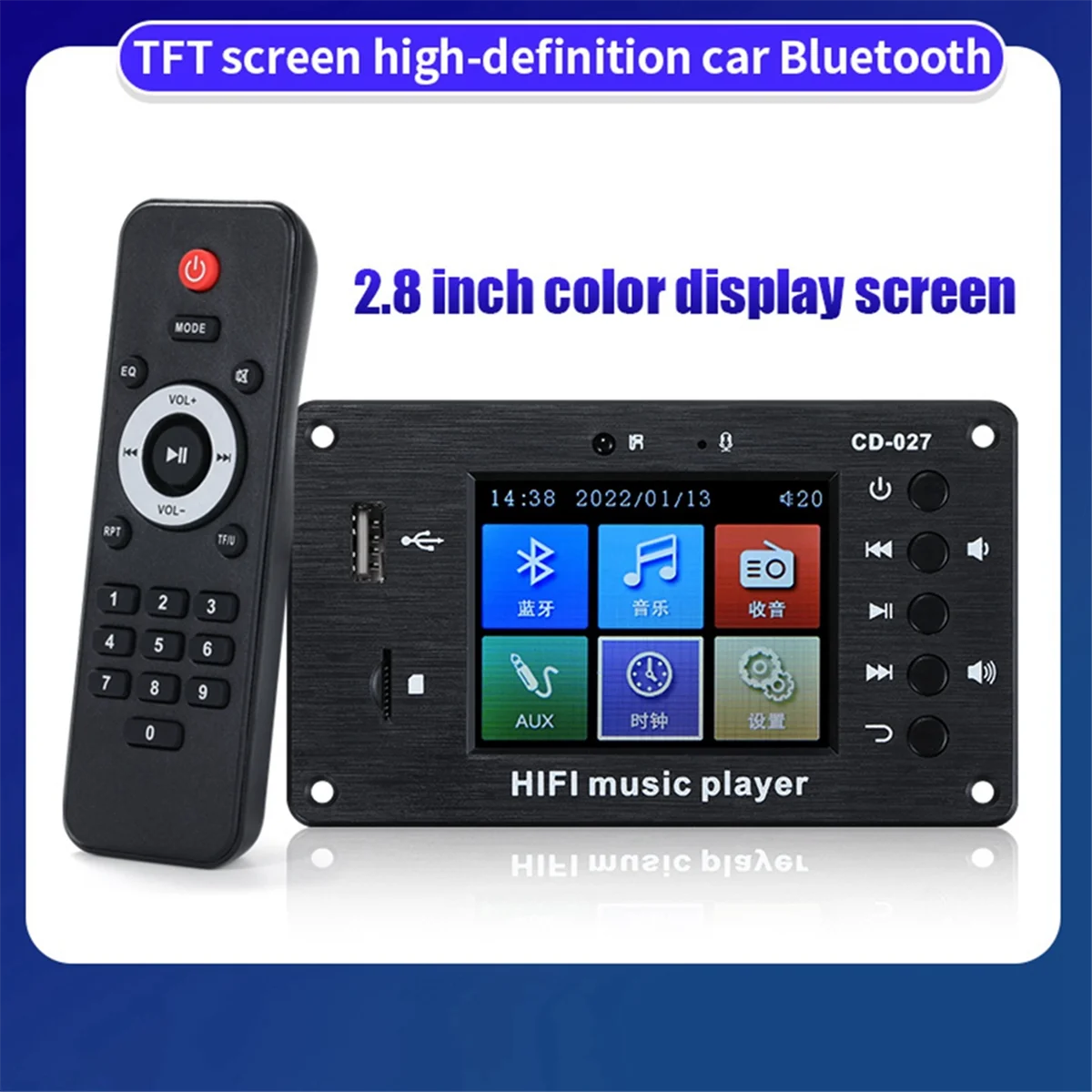 ABSQ-2.8-Inch Color Screen Bluetooth 5.1 Car Synchronization Lossless Decoding Board Time Alarm Clock Fm Audio Decoder