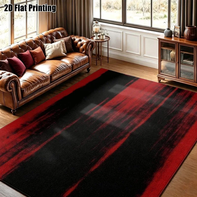 Large Indoor Area Rug, Soft Velvet Low Pile Machine Washable, Contemporary Abstract Red Black Vertical Brushstroke Pattern, Great for Living Room, Bedroom, Entryway and Home Office Floor Decor