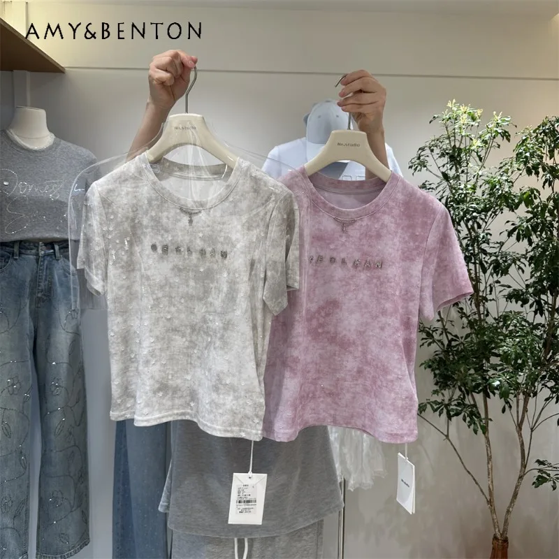 

Stylish Design Slim-fit Short Top With Star Holes Heavy Craft Trendy Short-sleeves T-shirt For Women's New Summer Clothes Tees