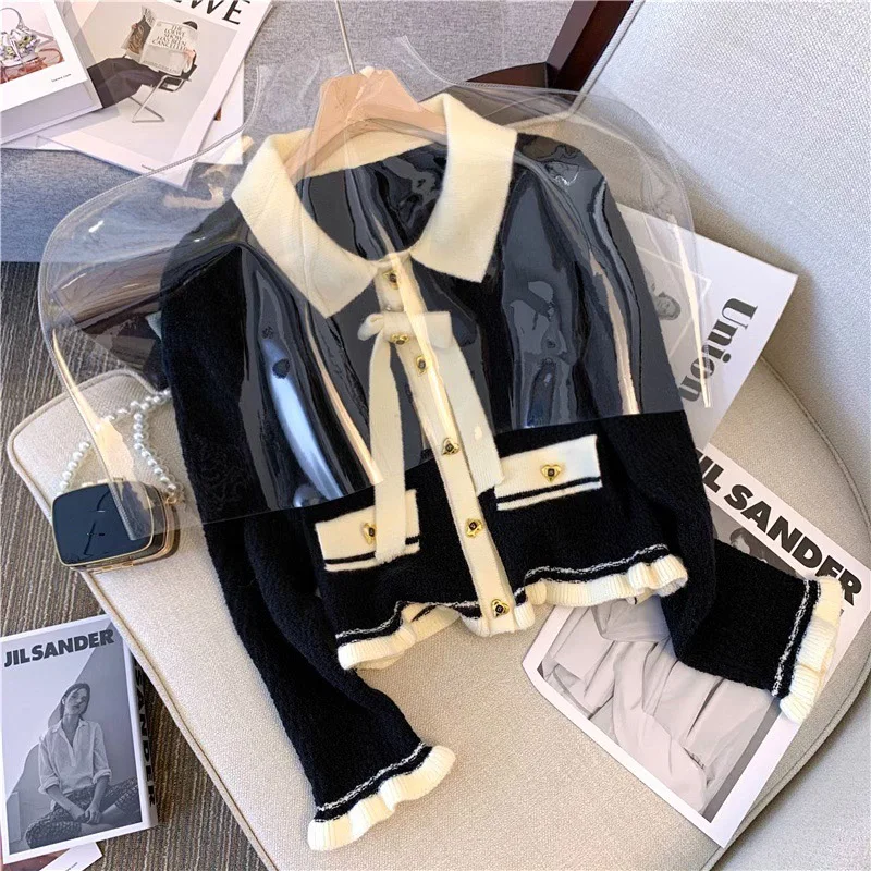 Women\'s French Elegant Sweater Bow Lace Up Knit Cardigan New Fashion Long Sleeve Single Breasted Turn-down Collar Top