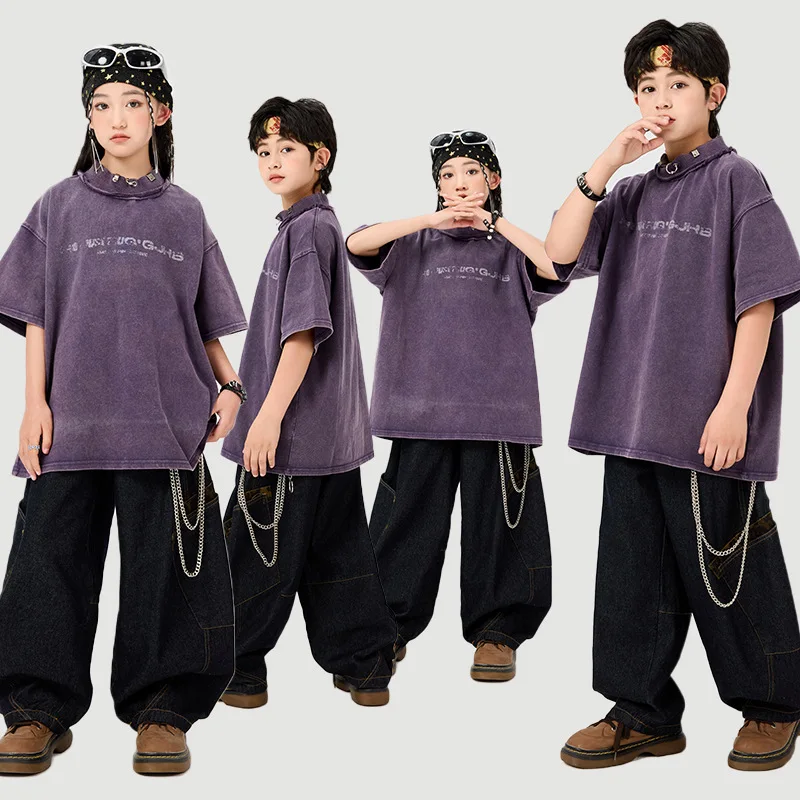 

Kid Kpop Hip Hop Clothing Purple Mock Neck T Shirt Top Denim Leopard Pocket Jeans Cargo Pants for Girl Boy Dance Costume Clothes
