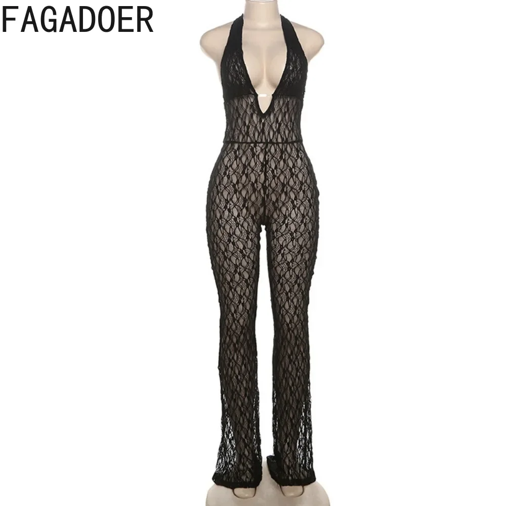 FAGADOER Sexy Deep V Lace Perspective Halter One Pieces Jumpsuits Women Sleeveless Backless Lace Up Playsuits Fashion Clubwear