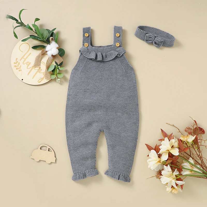 Baby Romper Headwear Fashion Solid Infant Sling Clothes Set Knitted Ruffles 0-18M Overalls Newborn Girl Jumpsuit Sleeveless 2PCS