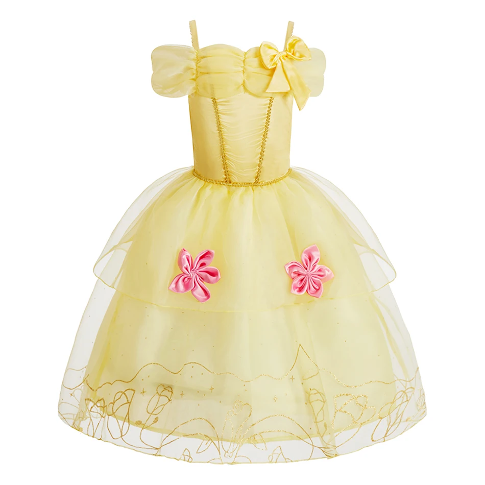 Little Kids Princess Birthday Gift Pageant-Ready Voluminous Tulle Dress Girl Carnival Costume Shimmering Gold Details