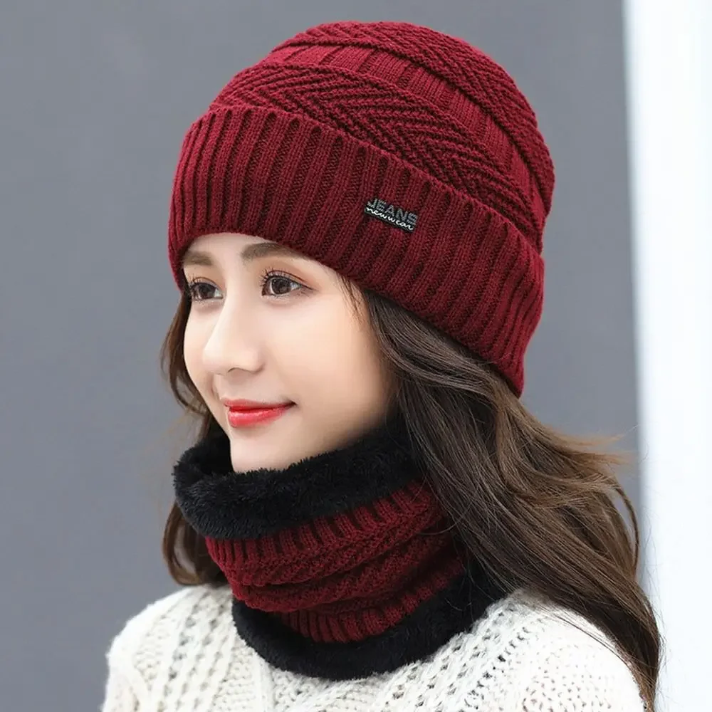 1 Set Winter Beanie Hat Scarf Thermal Fleece Knitted Hat Soft Warm Balaclava Wool Neck Warmer Scarves Caps