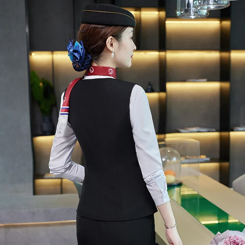 Good quality custom logo women vest pant skirt Style stewardess flight attendant uniform with hats flight attendants uniform