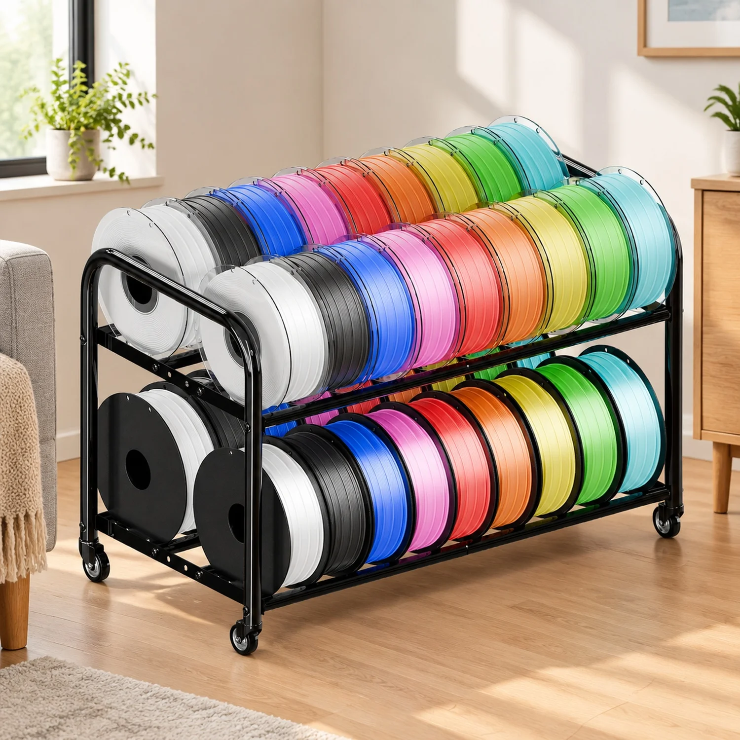 3D Printer Filament Storage Rack with Wheels, Rolling Cart, 40+ Spool Shelf