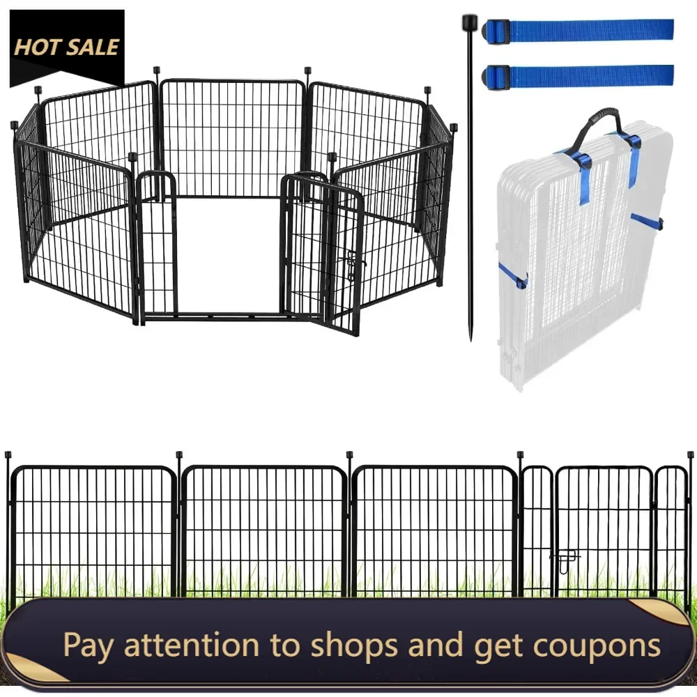 

32 in(H) Garden Fences and Borders,1 Gate+7 Panels Dog Fence Outdoor for Yard, Heavy Duty Iron Metal Animal Barrier Fence, Black