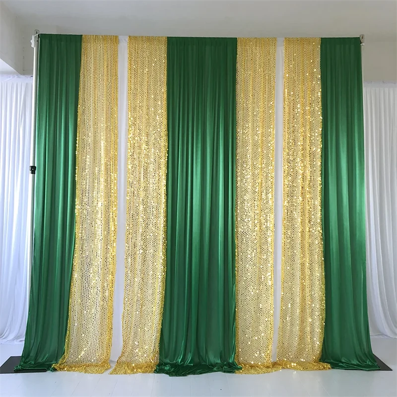 

3m high x3m wide white curtain green ice silk fold gold sequined background wall wedding party birthday decoration