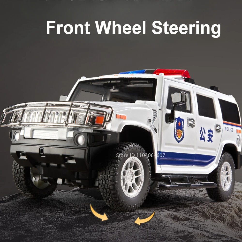 1:18 h2 modelo de carro de polícia em miniatura, brinquedo de liga fundida, veículos off-road, som, luz, portas abertas, motor de incêndio, ornamento