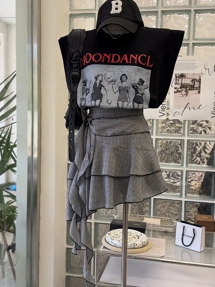 

Retro American Print Sleeveless T-Shirt Plaid Bow Design Half Skirt Two-Piece Set Women Summer Fashion Outfit Floral Hemline