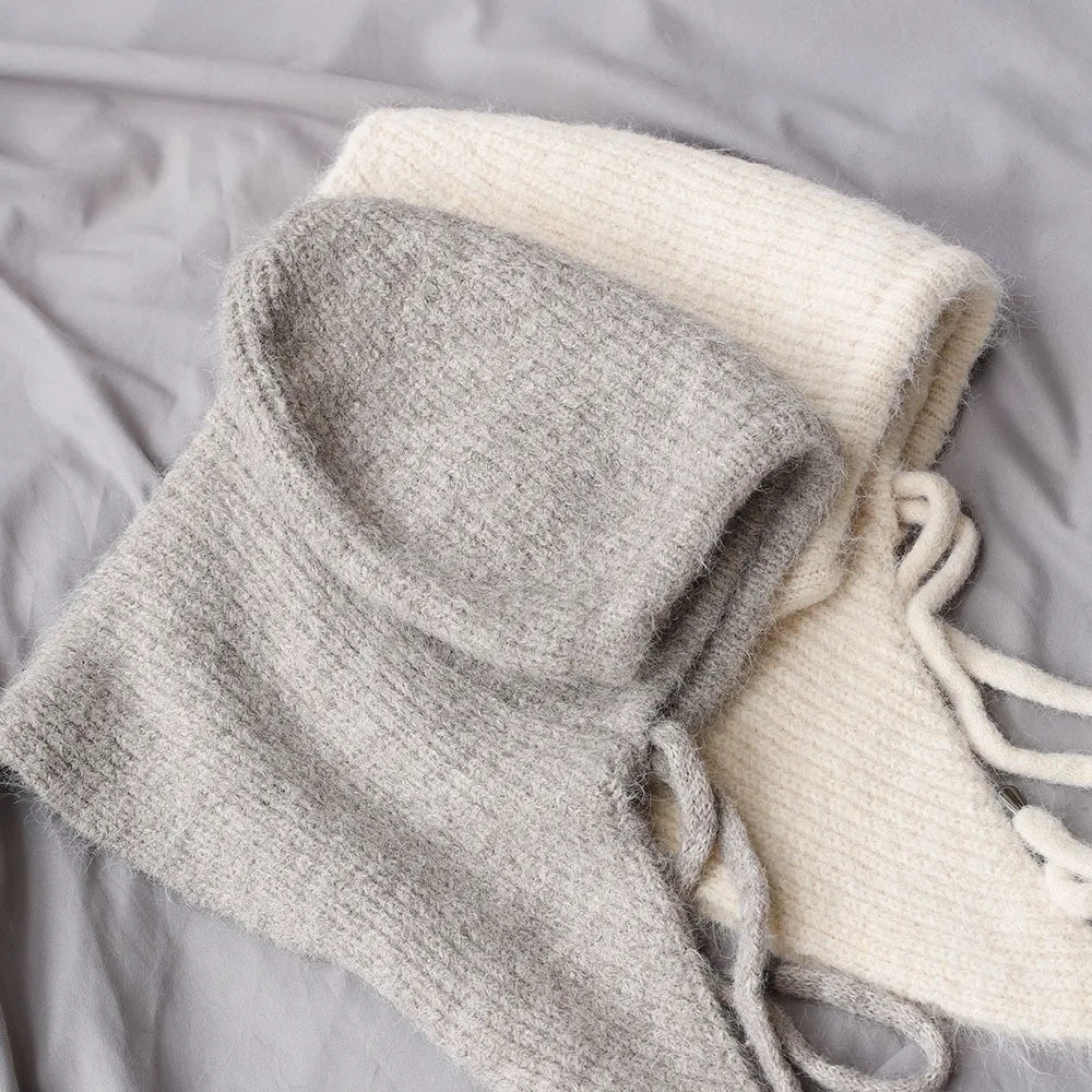 Trendige Winter-Balaclava-Mütze aus dickem Garn mit Ohrenschutz, einfarbige, gemütliche Fleece-Beanie-Mütze mit integriertem Schal – Detail 8