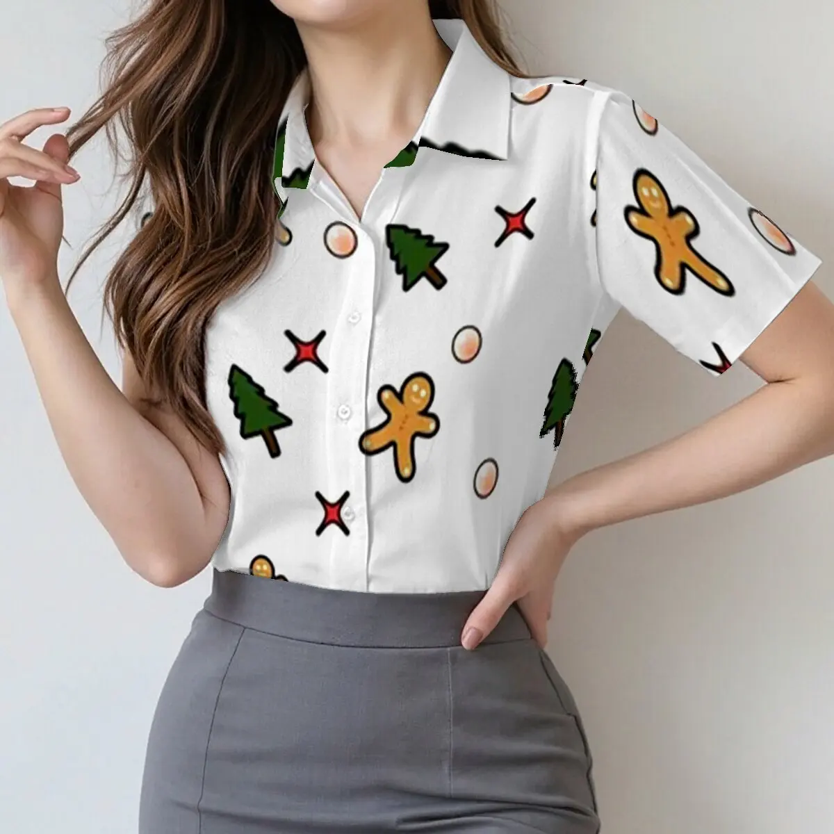 

Minimalist and Personalized Christmas Printed Women's Summer Collar Short sleeved Shirt Fashionable Daily Versatile Casual Top