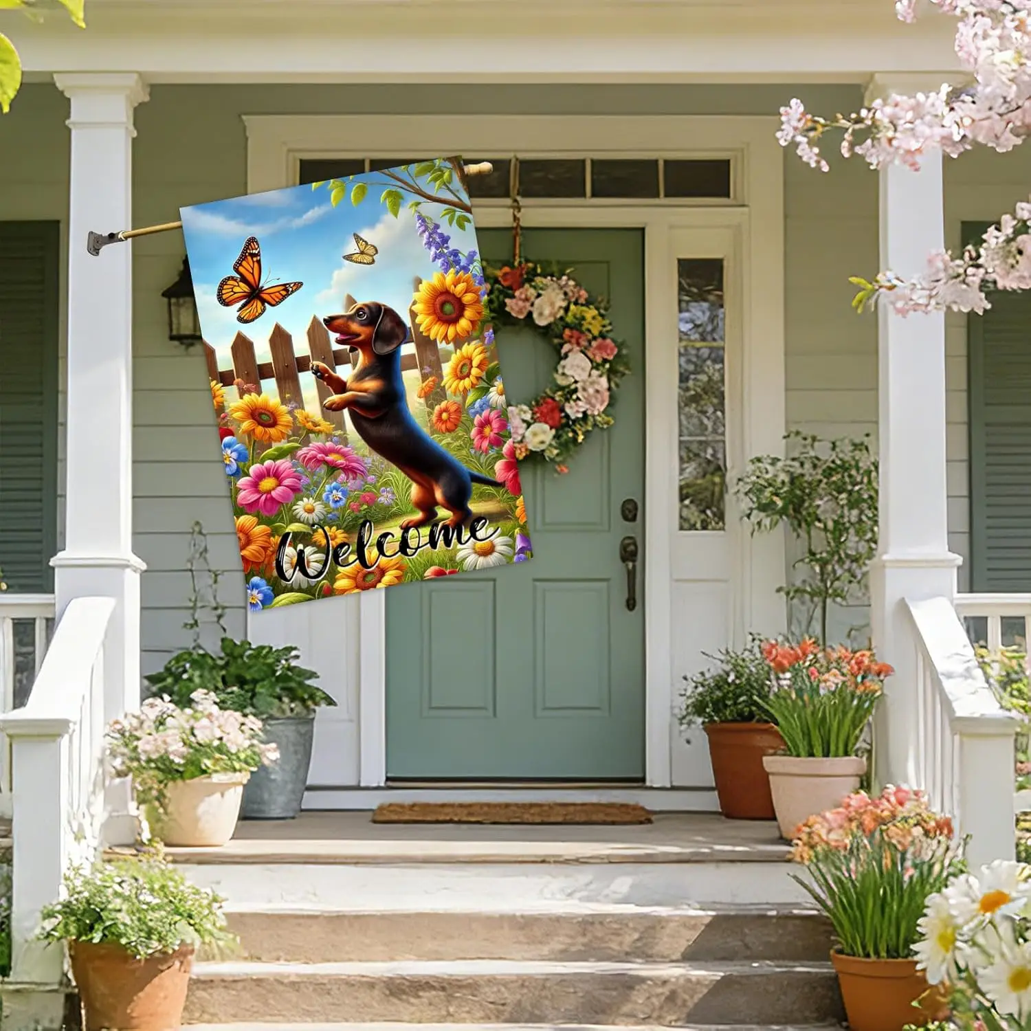 IVN Dachshund Dog Spring Garden Flag 28x40 Inch Cute Puppy Fence Scene Butterfly Sunflower Floral Garden Double Sided Vertic zzo