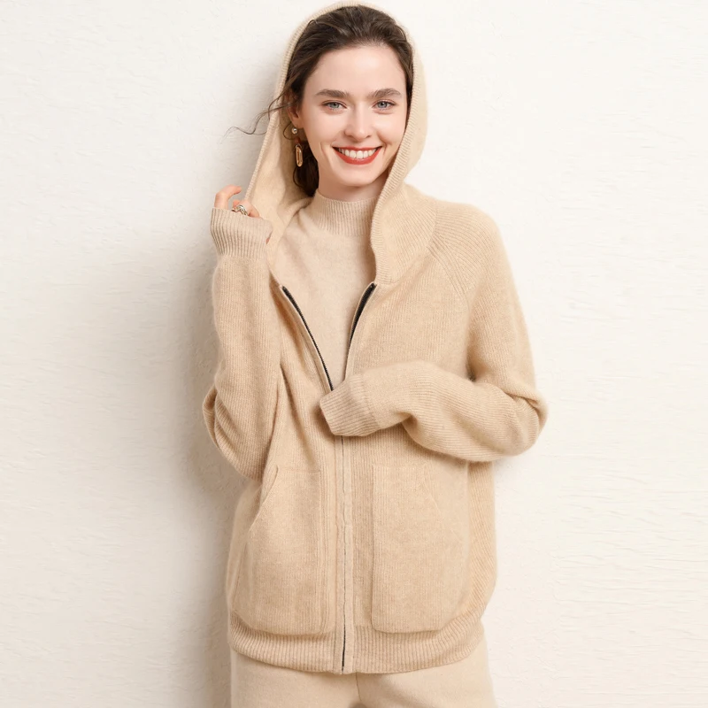 2022 Spring Autumn New Women's 100% Cashmere Cardigan Fashion Colors Female Knitted Hooded Cardigans Loose Soft Knit Classic