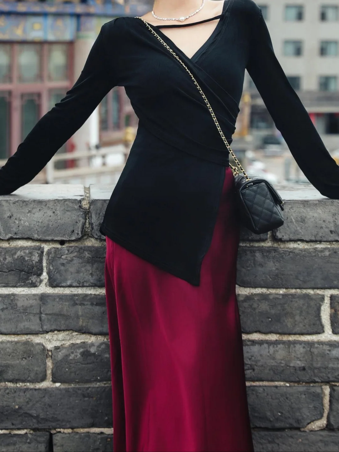 

Elegant Fashion Design Women's Spring 2026 Two-Piece Set High Waist Skirt Versatile Long Sleeve Shirt V-Neck Night Rose Series