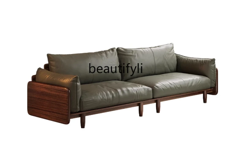 New Chinese style ebony wood leather sofa first layer cowhide modern three-person straight row all solid wood sofa