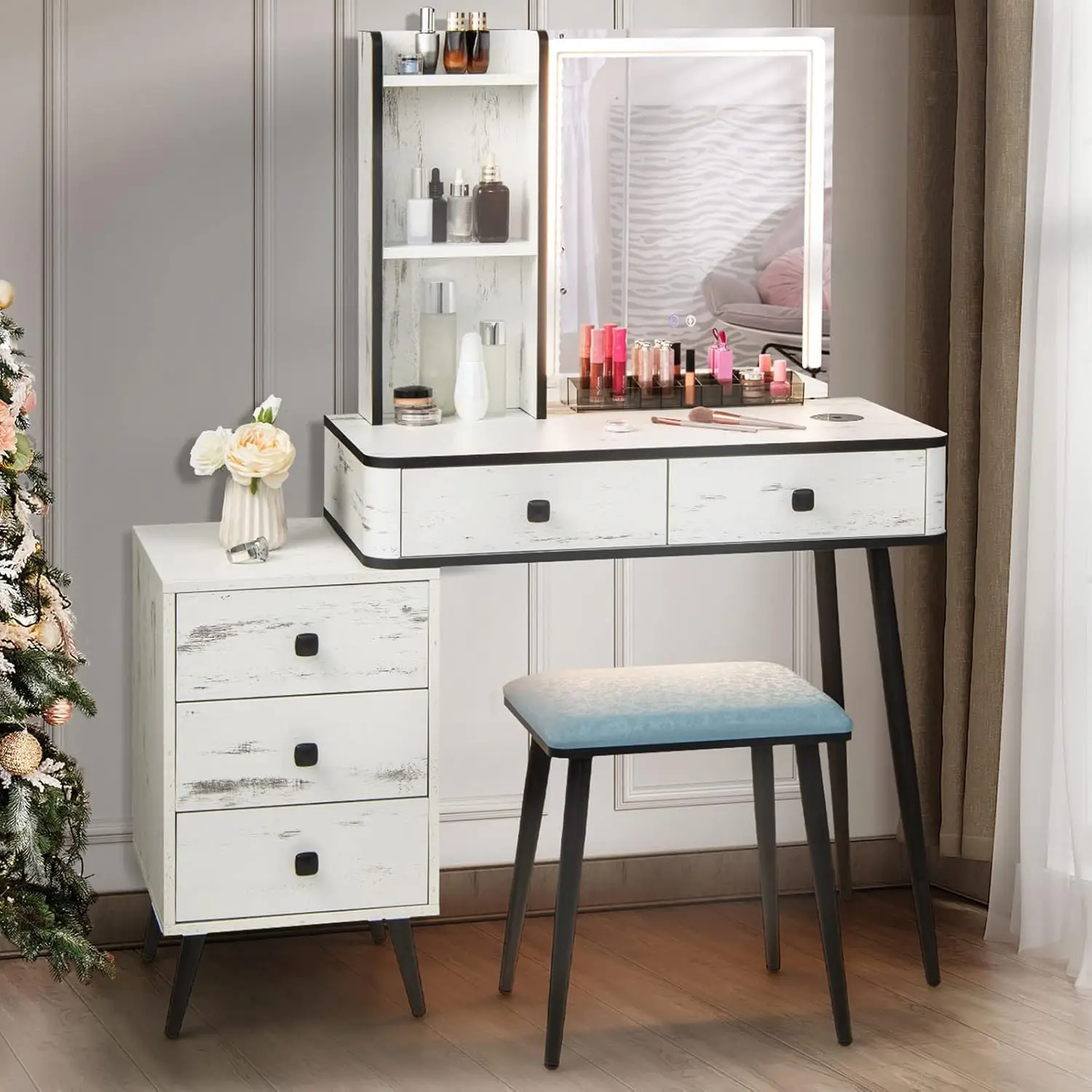 Makeup Vanity Table with Lighted Mirror, 3 Lighting Sets, Human Body Induction, Side Cabinet, 2 Drawers, Storage Shelve