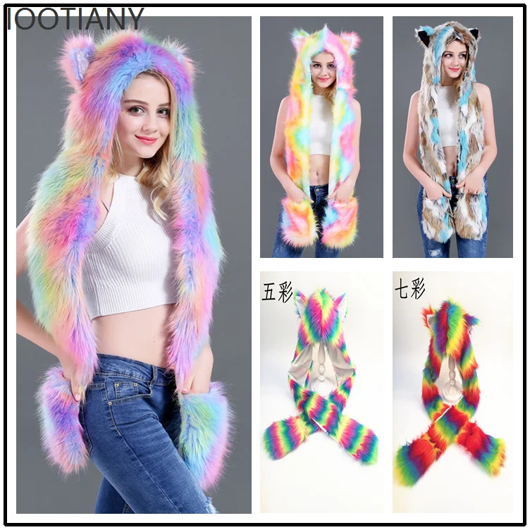 

2025 шт., шапка с капюшоном из искусственного меха, наушники с карманами для рук, мультяшная шапка «три в одном», плюшевые теплые наушники, красочный шарф с единорогом, перчатки