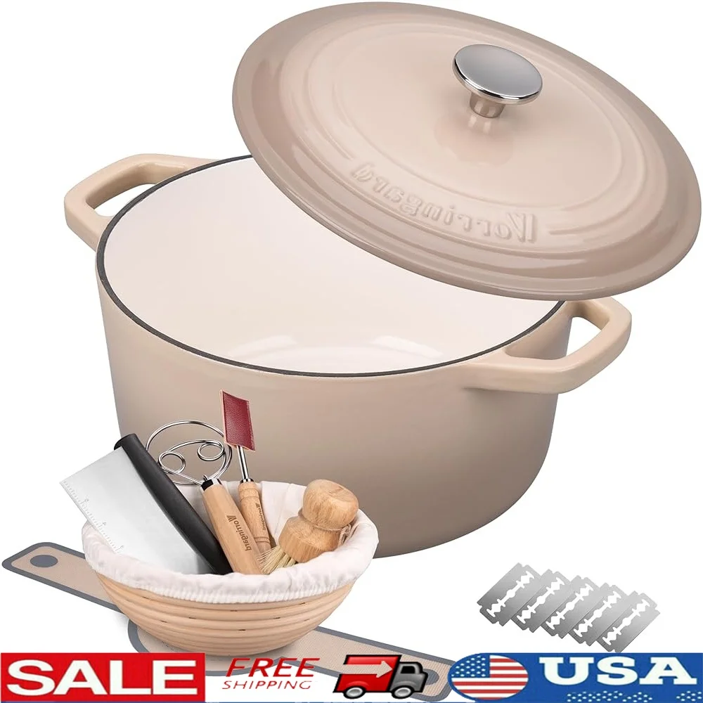 

Enameled Cast Iron Dutch Oven with Lid Sourdough Bread Baking Set Includes Proofing Basket Dough Whisk Scraper Baking Essentials