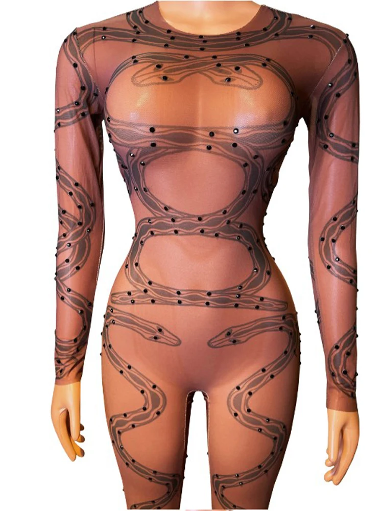 High Quality Hot Stamping Sexy Perspective Mesh Printed Elastic Jumpsuit New Fashion Custom Women'S Bodysuit