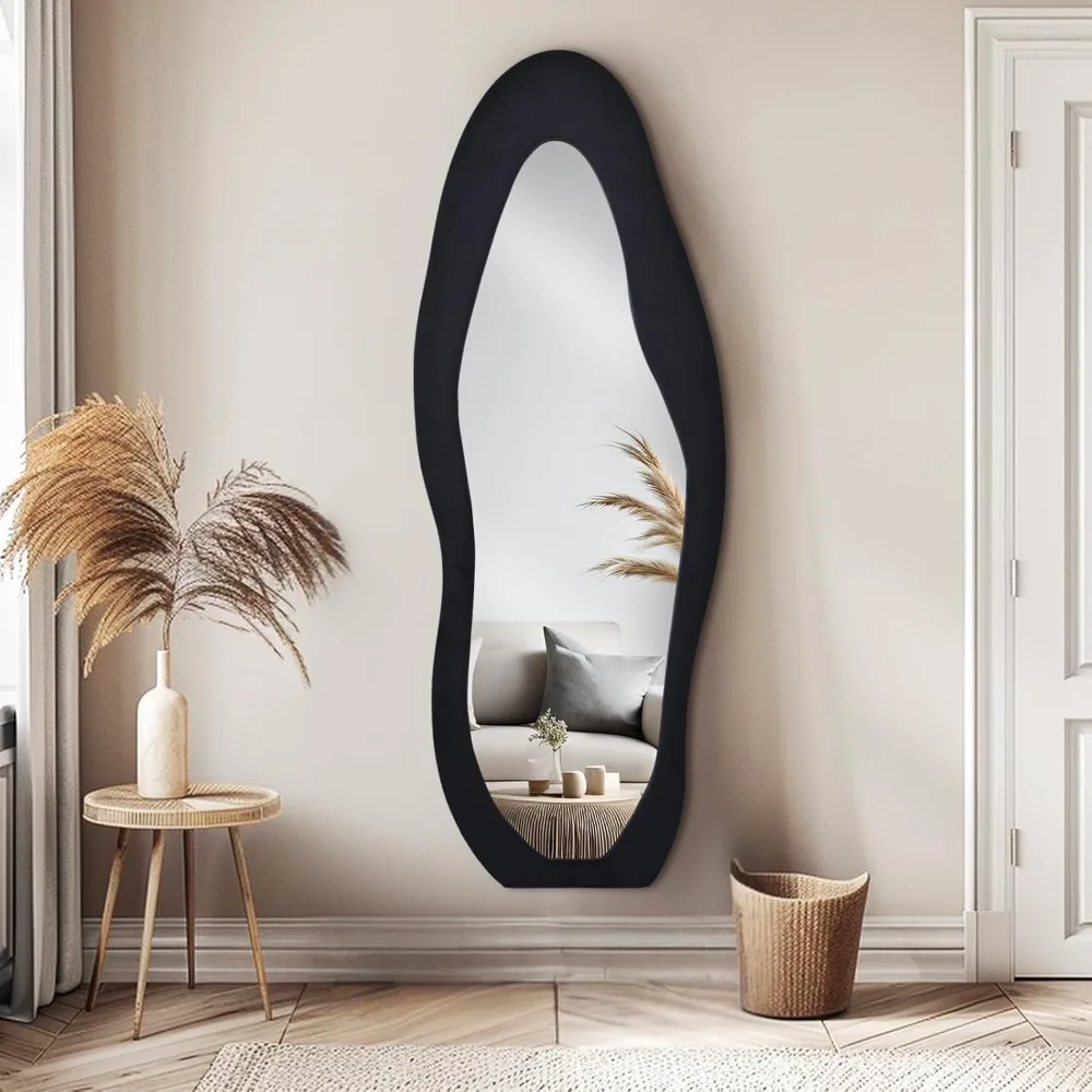 Wall Mounted Full Body Mirror 63x24 Inches, Leaning Floor Mirror with Black Flannel Frame, Irregular Shaped for Home Decor