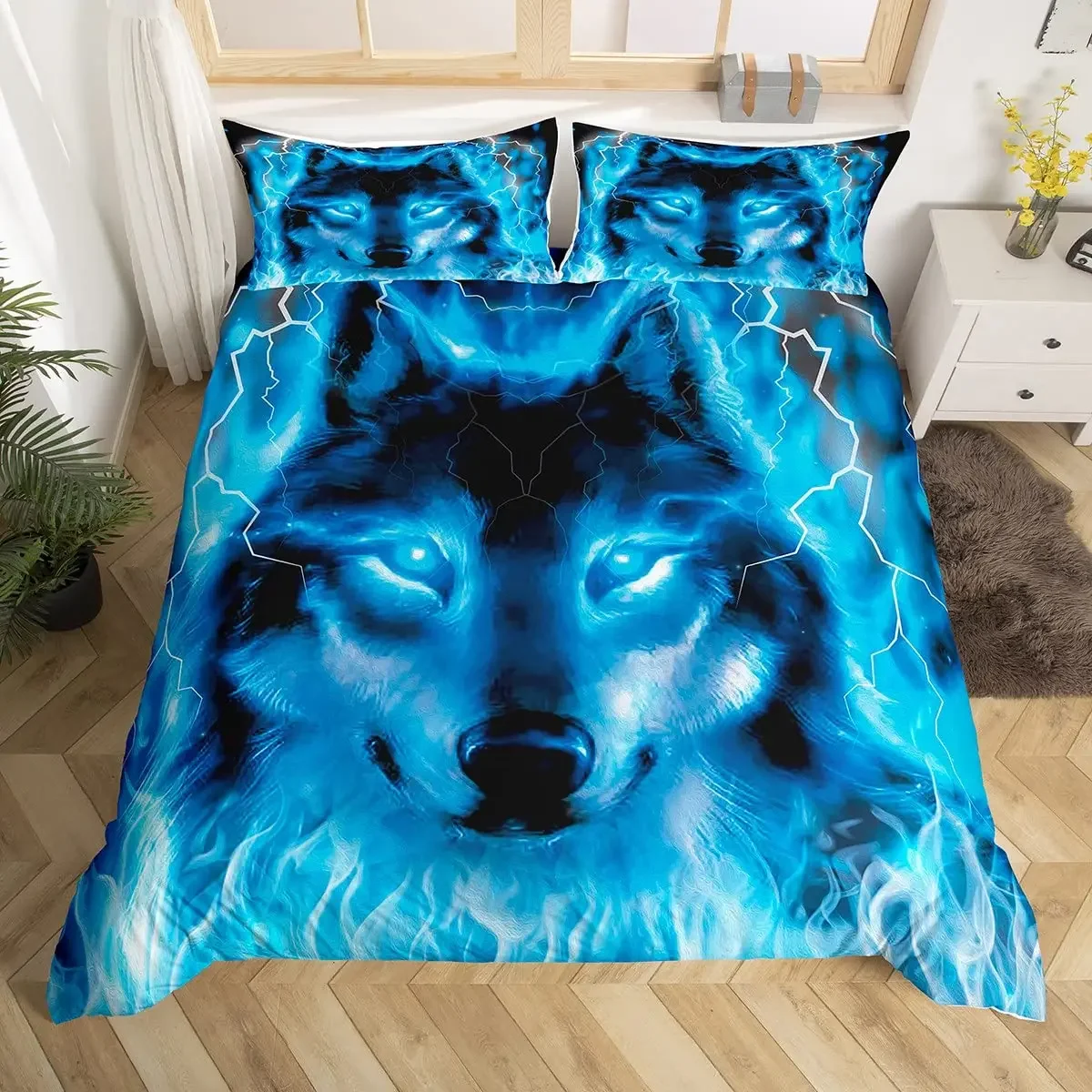 

Boys Wolf Duvet Cover Set Queen Size, Boho Wolf Wildlife Animal Bedding Set Men Galaxy Dream Catcher Moon Polyester Quilt Cover