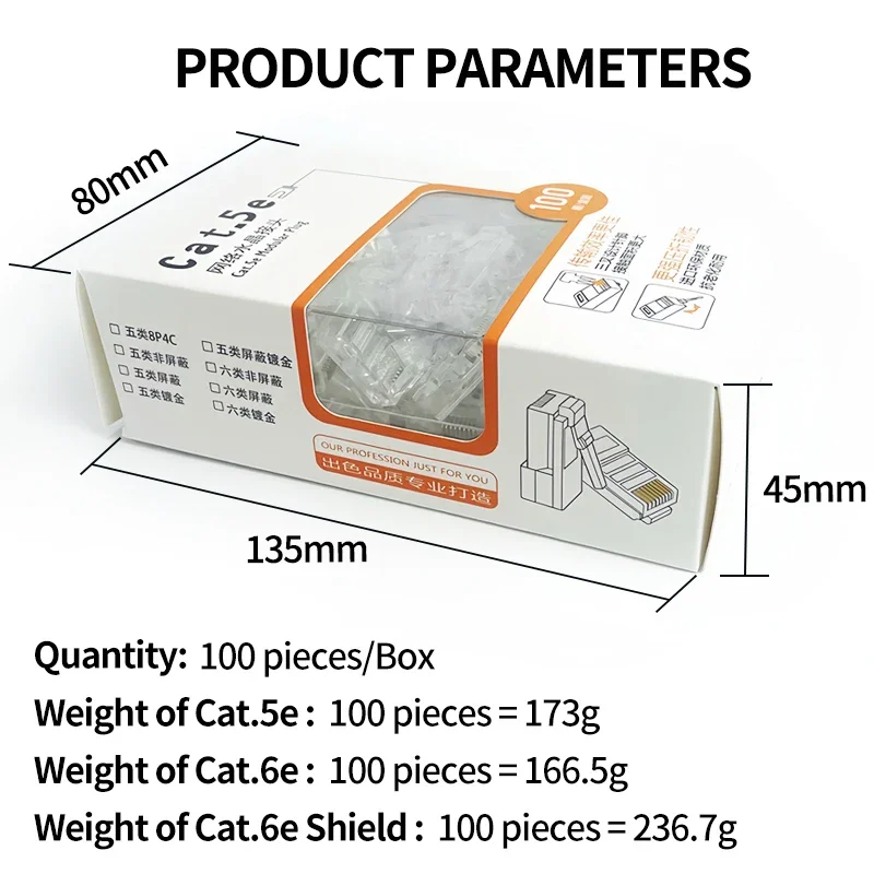 100-Pack Cat6 RJ45 Plugs Gold Plated | 1000Mbps Gigabit Ethernet Connectors for LAN Cable Ends Cat5e Compatible
