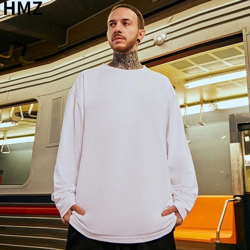 

HMZ 2022 New Autumn Cotton Oversize T-shirt Hip Hop Long Sleeves Tees Casual Daily Solid Color O-Neck T Shirt Streetwear Men