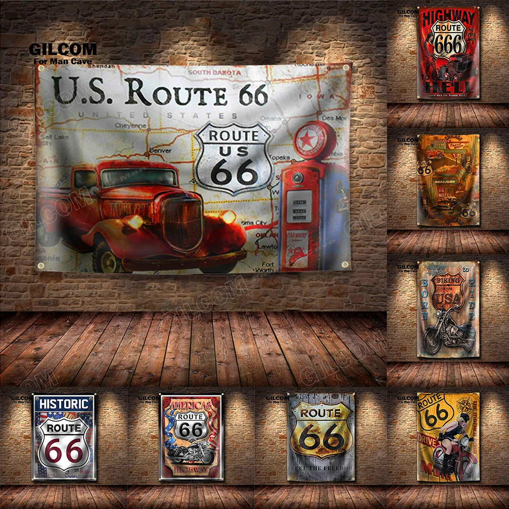 Motorcycle Race Banner Flag USA Biking The Mother Road Route 66 Poster Wall Vintage Garage Decor Advertisement 3×5 FT  Sign Pub