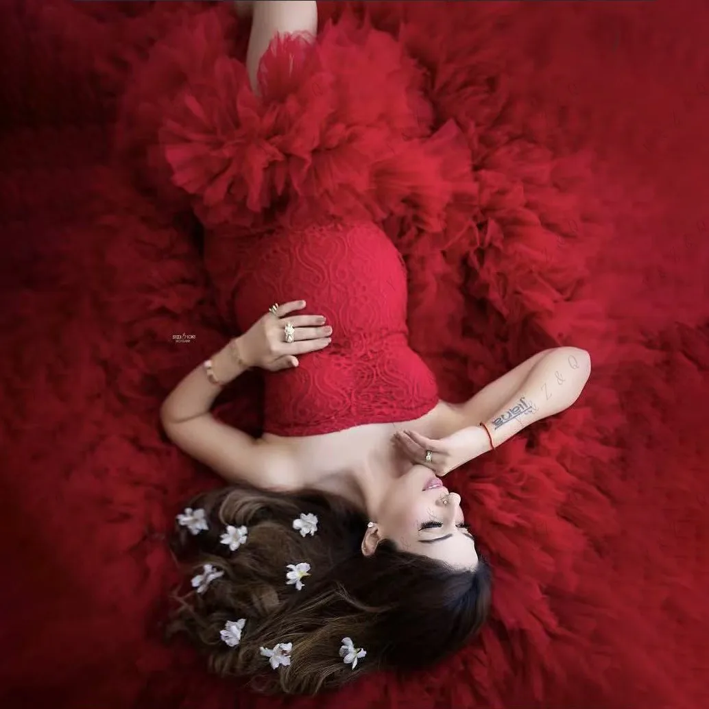 Gorgeous Red Maternity Dress Photoshoot Ruffled Lush Mermaid Split Maternity Dresses платье для беременных