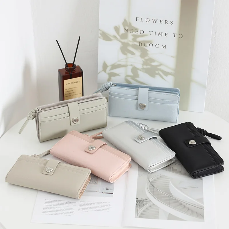 

PU leather women's long purse, heart clasp, multi-function ID card bag, folding women's hand travel purse