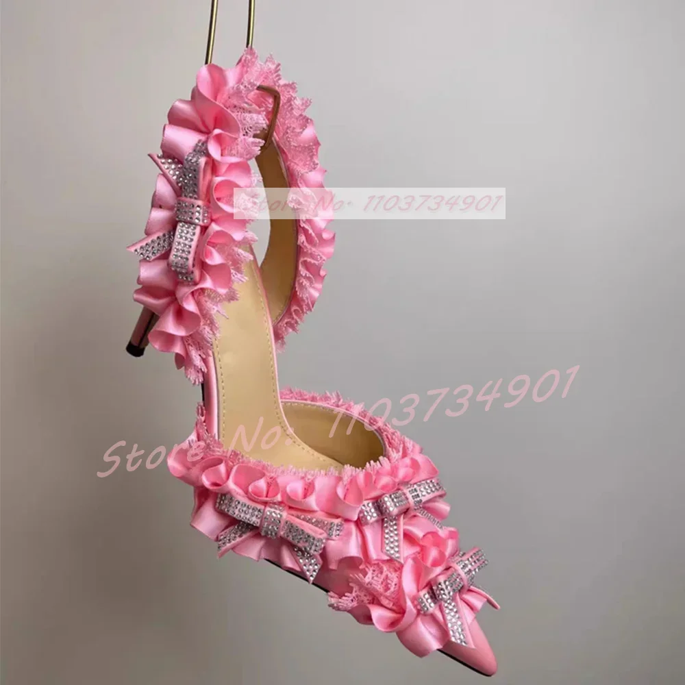 Satin Floral Bow Knot Sandals side profile demonstrating 10cm stiletto heel engineering and back strap integration