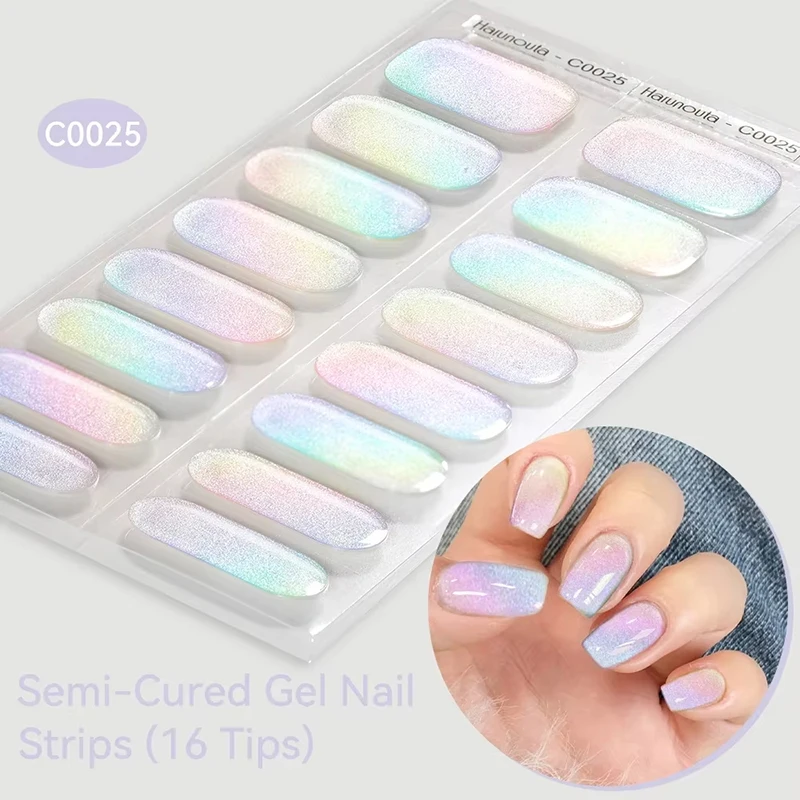 Gradient Auroras Semi Cured Gel Nail Strips Sparkly Shinning DIY Gel Polish Stickers for Nails Works with UV/LED Nail Lamps