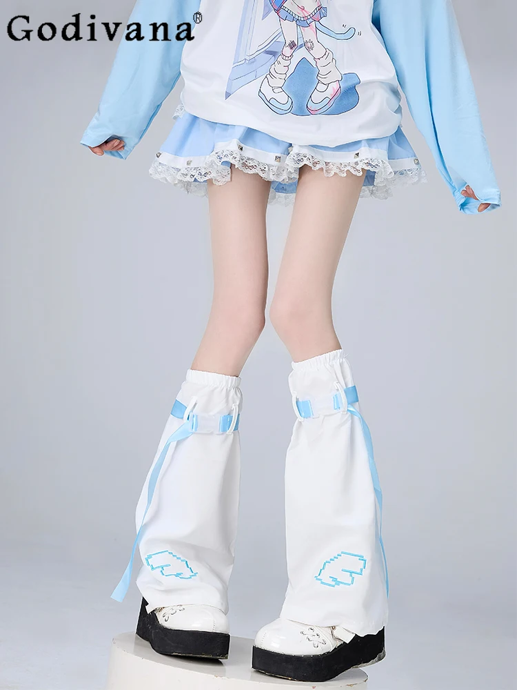 

New Mine Blue White Sweet Cute Lace Fashion Leg Warmer Japanese Y2k Hot Girl Horn Calf Legging Wings Embroidery Legwarmers