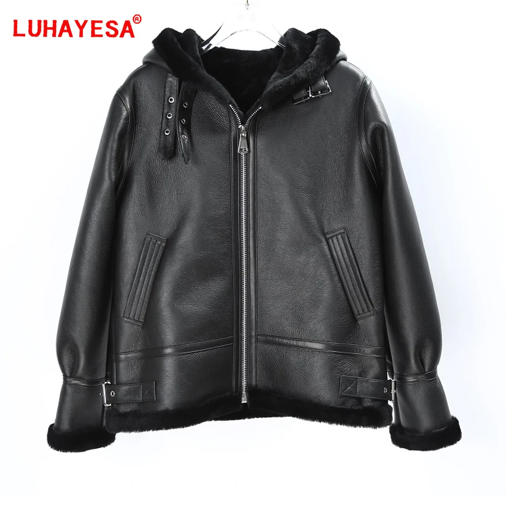 

2023 Women Merino Sheepskin Fur Shearling Clothing Black Thicken Warm Real Fur Jacket