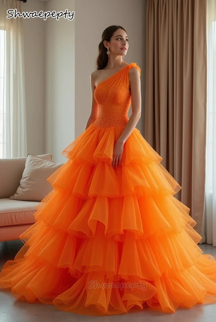 

One Shoulder Orange Prom Dress Tiered Puffy Ball Gown Birthday Party Gown Customized Boutique Occasion Quinceanera Dress