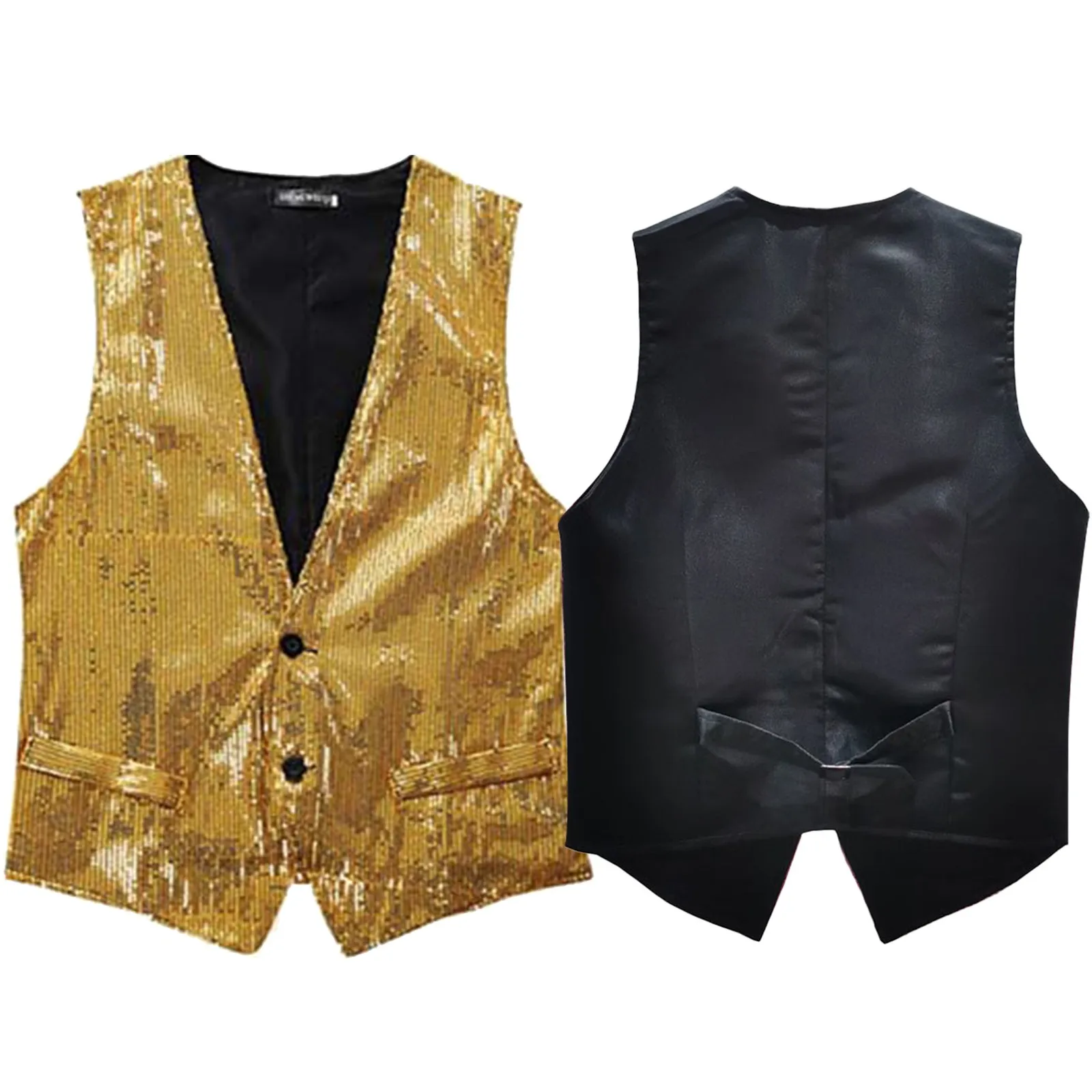 Shiny Gold Sequin Sparkling Waistcoat Men Slim Fit V Neck Mens Vest Wedding Party Stage Prom Costume